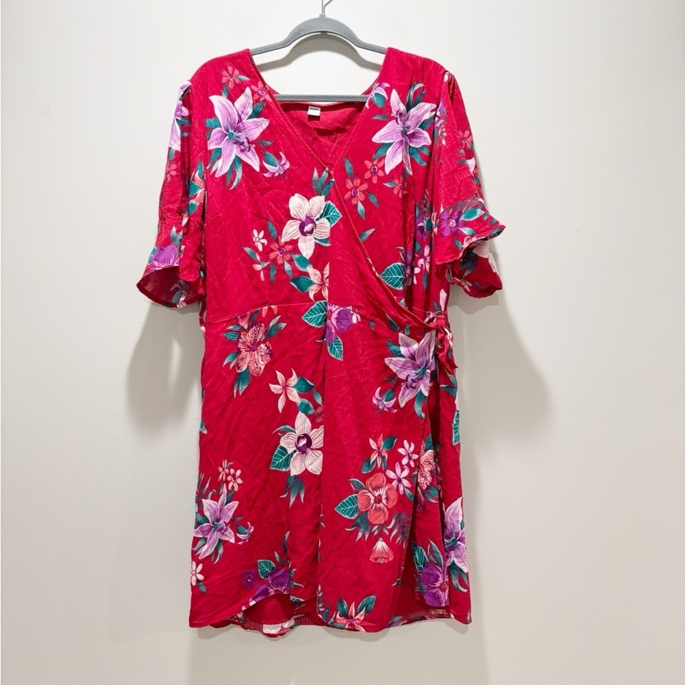 Old Navy Red Floral Mini Wrap Dress Summer Lightweight Lined Size XXL